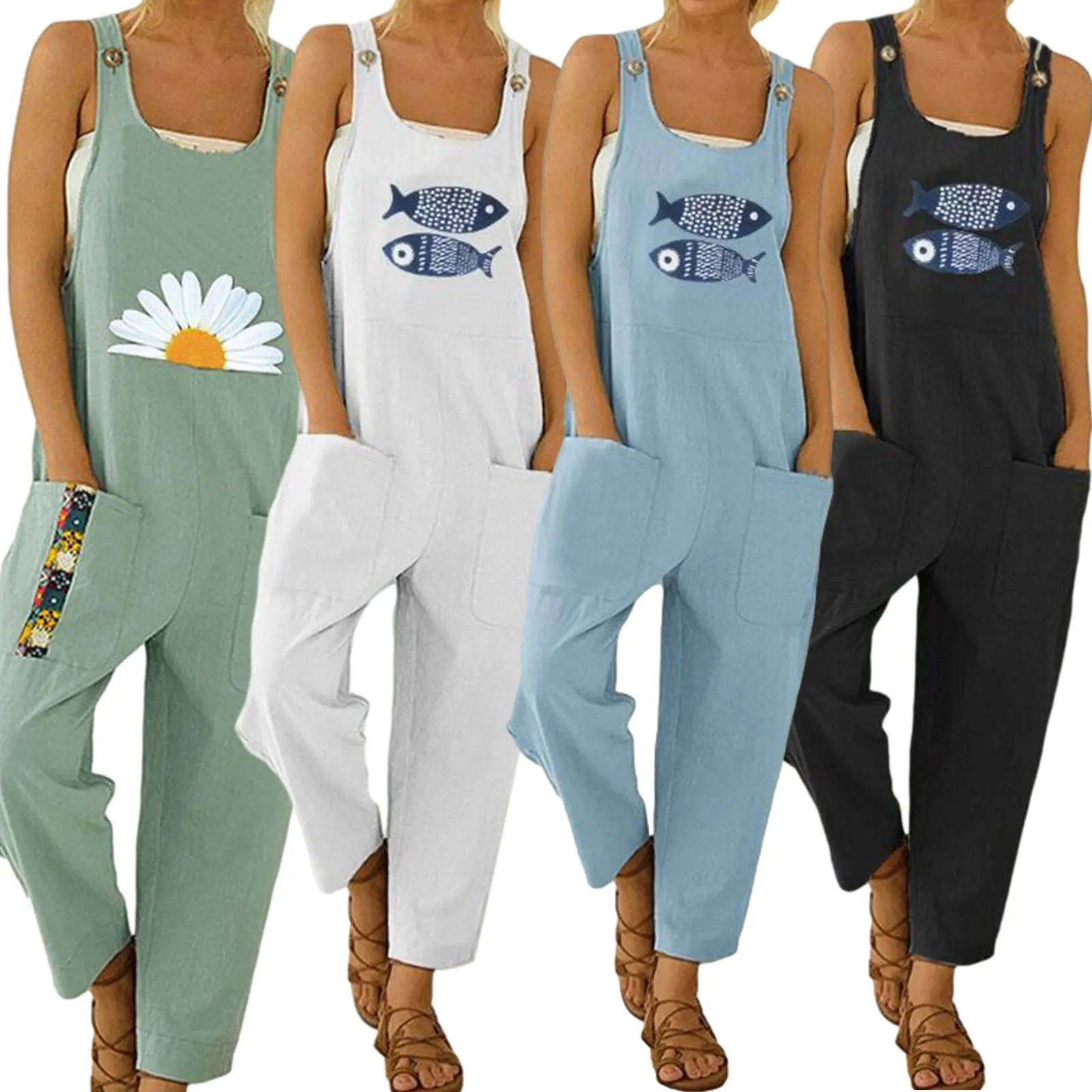 

Женский комбинезон с принтом в виде рыбки, цельнокроеный комбинезон с U-образным воротником без рукавов, синий/зеленый/белый/черный