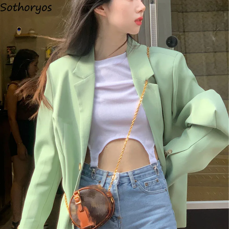 

Green Blazers Women Ins Fashion Straight Outwear Autumn Smart Casual Street Chic Suits Notched Tender Fairy Elegant Young French