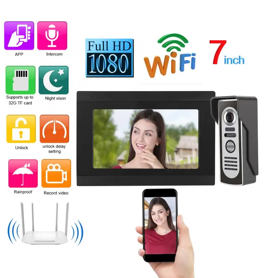 7 дюймов ИК Проводной wifi видео дверной звонок Видимый домофон приложение 1080P
