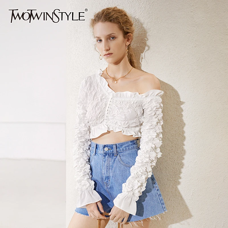 

TWOTWINSTYLE White Asymmetrical Ruched Shirt For Women Skew Collar Long Sleeve Short Blouses Females Summer Fashion 2021 Stylish