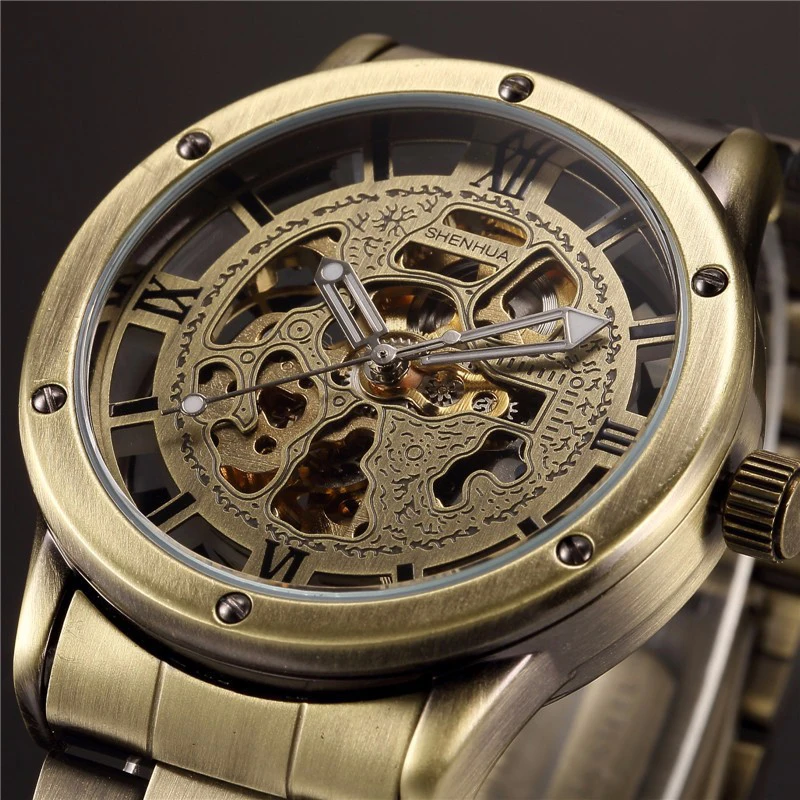 

Fashion Vintage Bronze Watch Men Skeleton Watches Shenhua Full Steel Automatic Mechanical Wristwatches Reloj Hombre Montre Homme
