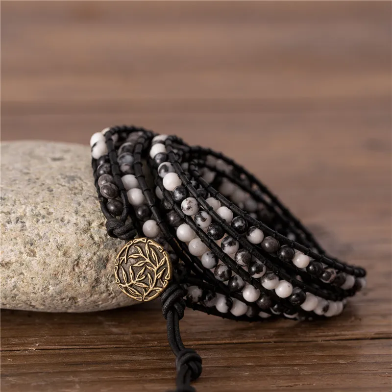 

5 Strands 4mm Black Zebra Beads Leather Bracelet Boho Wrap Around bracelet Classic Braided Bracelet Gift for Friend Dropshipping