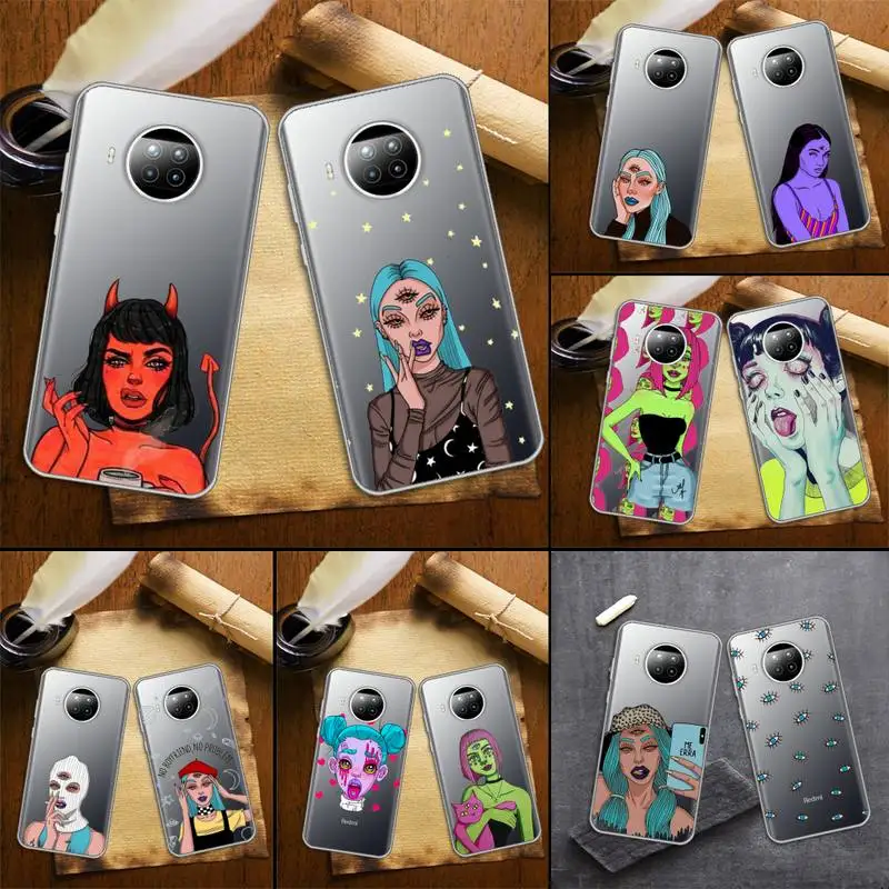 

Phone Case Transparent for Xiaomi mi Redmi note 10 t 8 9 pro lite 11 Samsung S 8 9 10 20 Art Devil sexy Bad girl smoke eyes