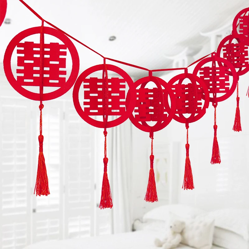 

3D Circular Chinese For Wedding Double Happiness Non- Woven Cloth Hanging Banner