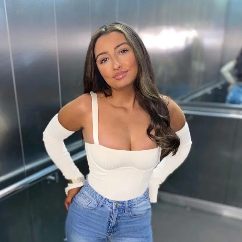 

NOVAINSPO Strapless Ribbed Hollow Out Low Cut Strap Long Sleeve Solid Bodysuit Sexy Baddies Casual Streetwear Outfits One Piece