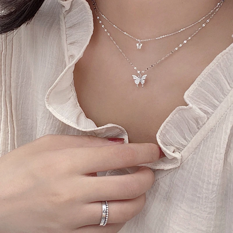 

Korean StyleTemperament Necklace Silver Flash Diamond Butterfly Double-Layer Necklaces for Girl Wedding Gift Jewelry Accessories