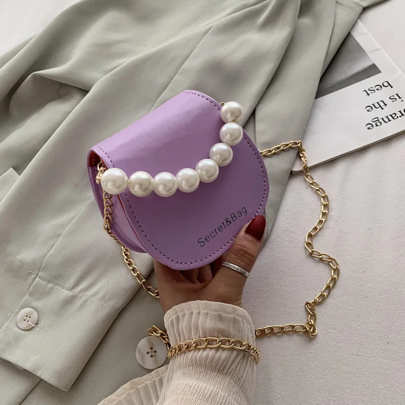

Qyahlybz band chain pearl women's leather purple crossbody saddle bag small luxury designer handbag mini ladies shoulder bag