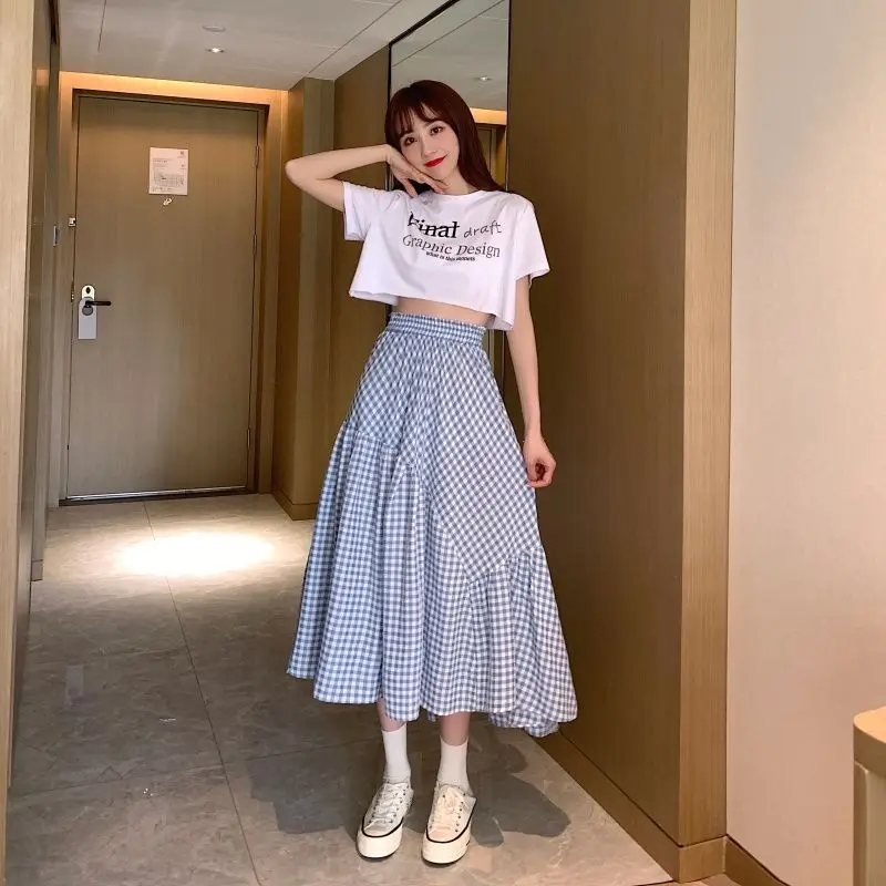 

Skirts Women Plaid Design Elastic High Waist Fashion Korean Harajuku All-match Simple Mujer Faldas Vintage Streetwear Lady Chic