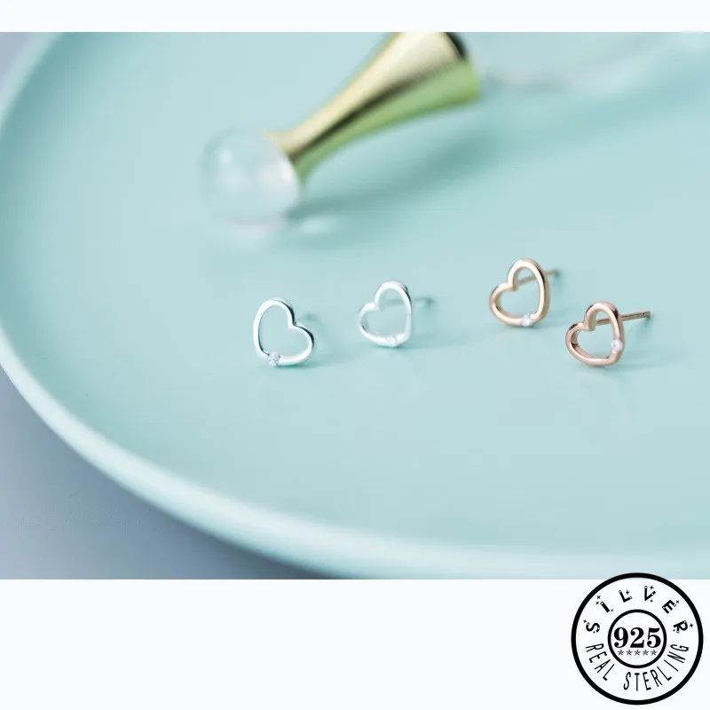 

925 Sterling Silver Small Heart Shape Earrings for Women Trendy Lady Rose Gold Color Plated Ear Studs CZ Earings Fine Jewelry