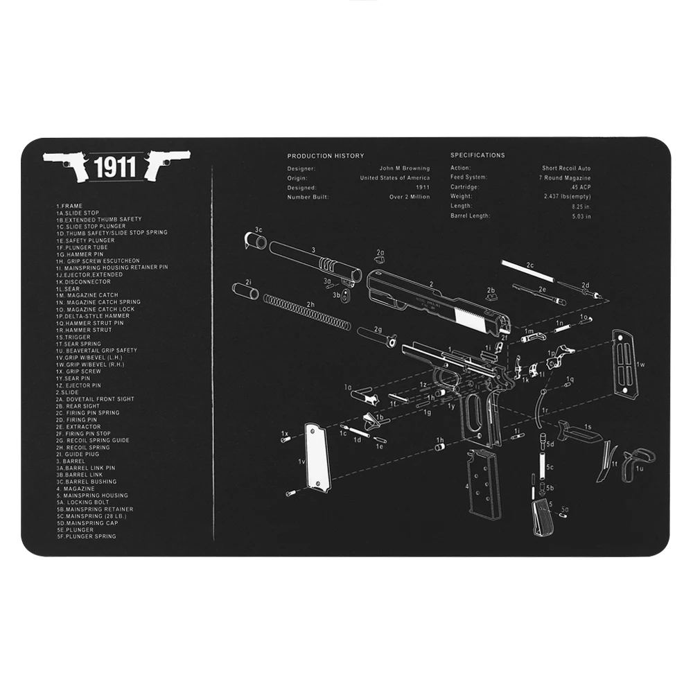 

1911 Gun Cleaning Rubber Mat 17"x11" Waterproof Non-Slip Cleaning Mat with Parts Diagram and Instructions Armorers Bench Mat