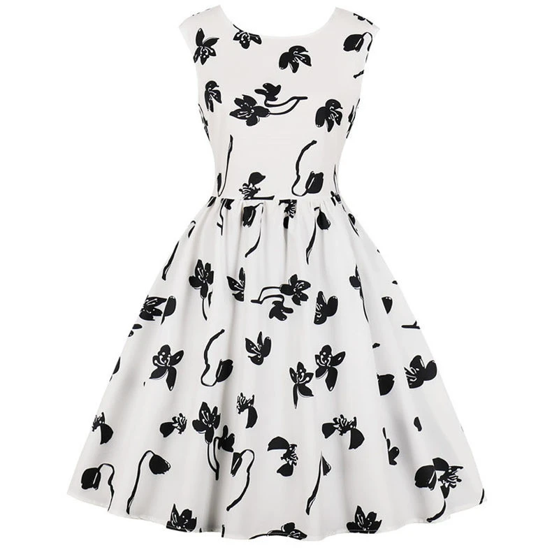 Черное белое летнее платье с принтом женское элегантное винтажное цветочным