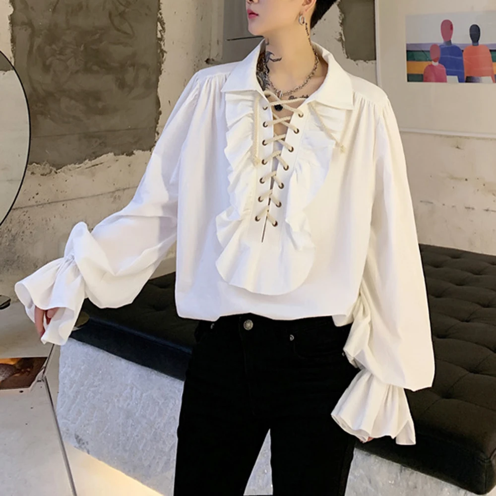 Vintage Gothic Shirt Men Spring Autumn Wear Bandage Men Shirt Long Sleeve Shirt Man Loose Blouse Solid Male Tops