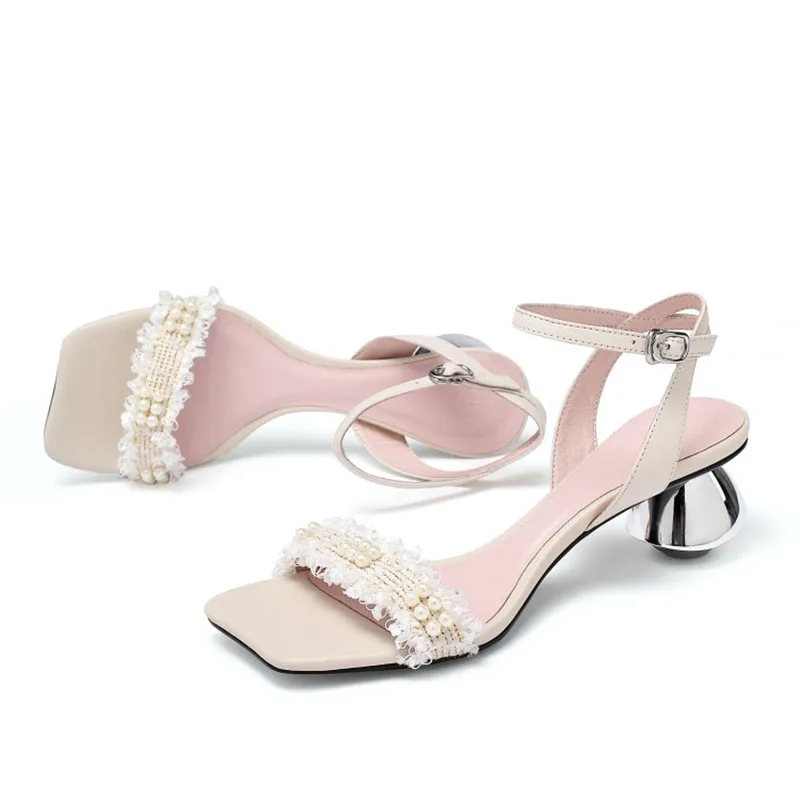 

Olomm Women Summer Sandals Sexy Pearls Strange Mid Heels Sandals Square Toe Gorgeous Blue White Party Shoes Ladies US Size 4-10