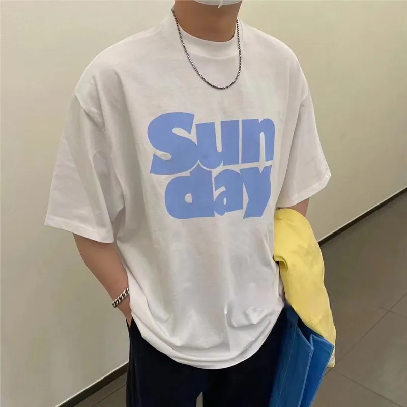 

Лето 2021, простая свободная футболка с надписью и круглым вырезом и короткими рукавами, Корейская мужская трендовая Удлиненная рубашка, футб...