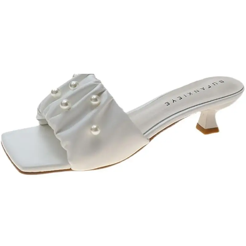 

Female Shoes Ladies' Slippers Square Toe Thin Heels Med String Bead Luxury Slides 2021 Summer Soft Designer Sexy Fashion Scandal