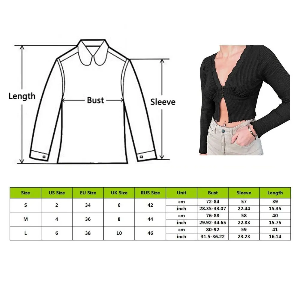 

2021 New Fashion Women Sweet Deep V-neck Lace Trim Crop Tops Fashion Slit Long Sleeve Brown T-shirts Vintage 90s Aesthetics Top