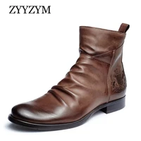 zyyzym men boots leather zipper 2021 autumn retro style badge embroidery ankle army knights boots man footwear zapatos de hombre