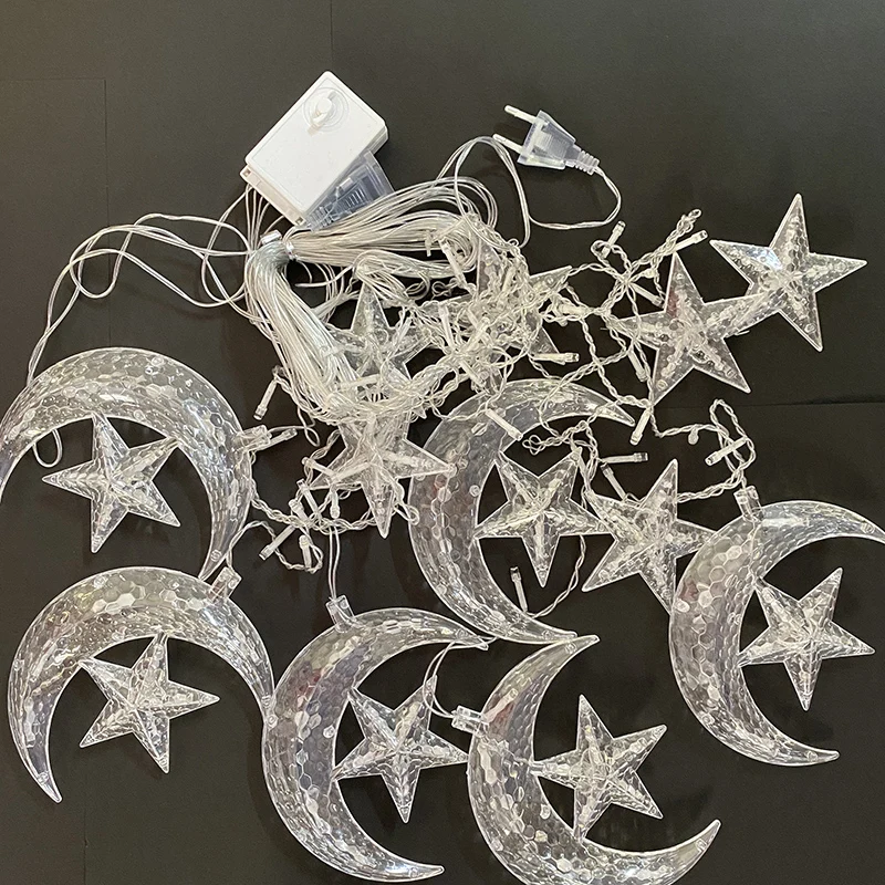 

Moon Star LED Curtain Light 138 LED Warm White Star Curtain Lights 8 Flashing Modes Outdoor Indoor String Light for Decorations