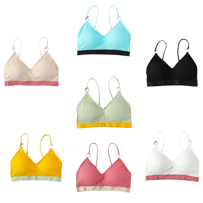 Women Candy Color Splicing Bralette V-Neck Heart Ring Ribbed Knit Bra Underwear X3UE