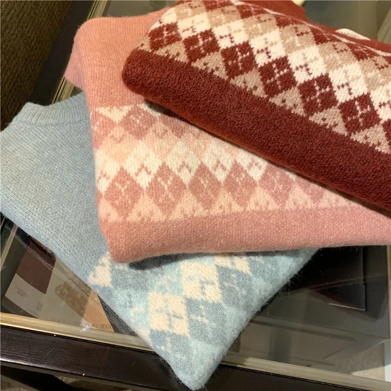 

Christmas Style Rhombus Assorted Colors False-Two-Piece Top New round Neck Autumn and Winter Pullover Student Knitted Striped