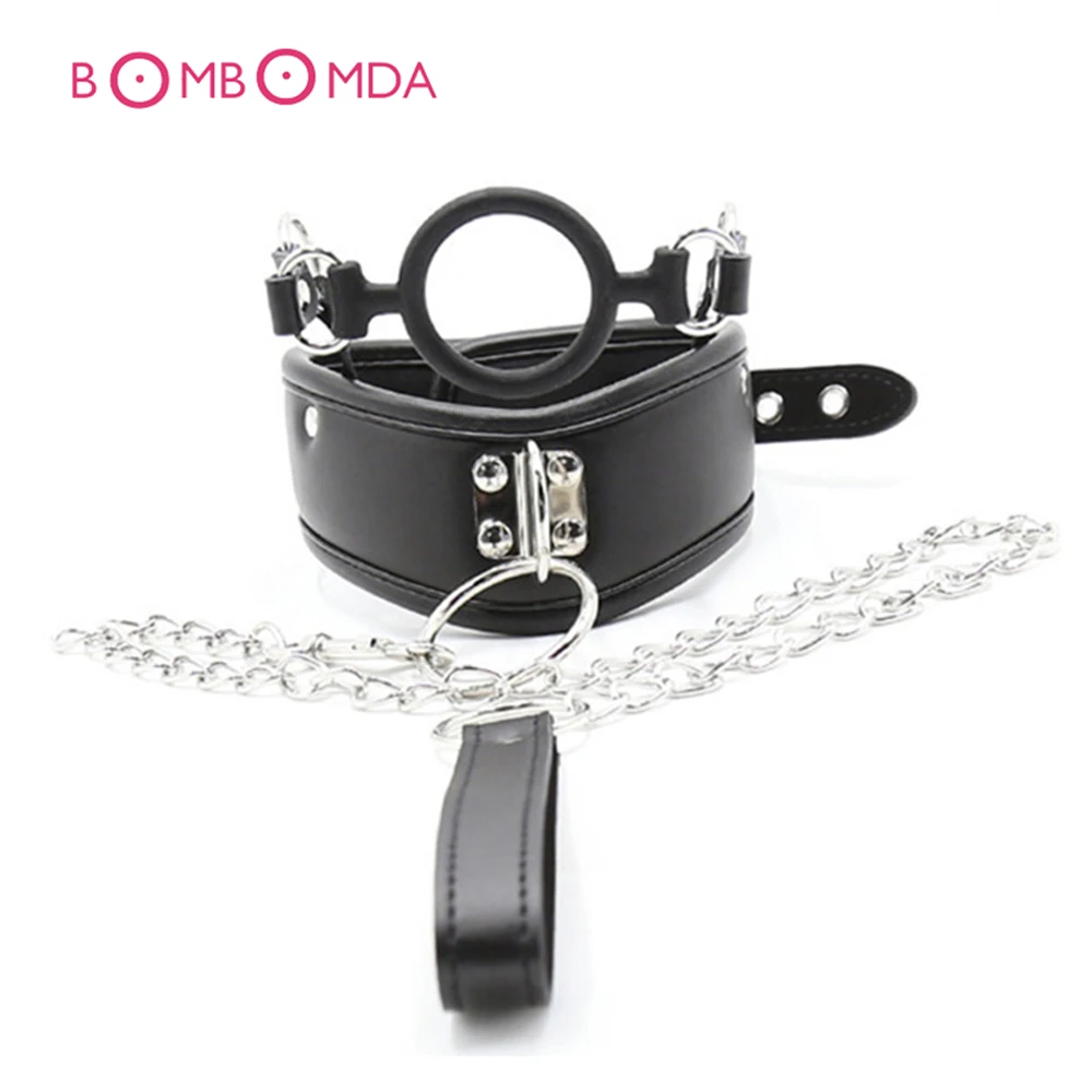 

Sex Adult Collar Leather Bondage Collar Mouth Gag With Chain Leash Fetish Slave Neck Cuffs Restraints Sex Products For Couples 3