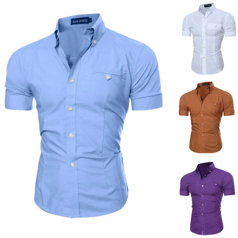 

Men Shirts Tops Summer Social Chemise Men's short Sleeve Shirt 2021 New Mens Homme Solid Color Business Slim Fitness Shirts