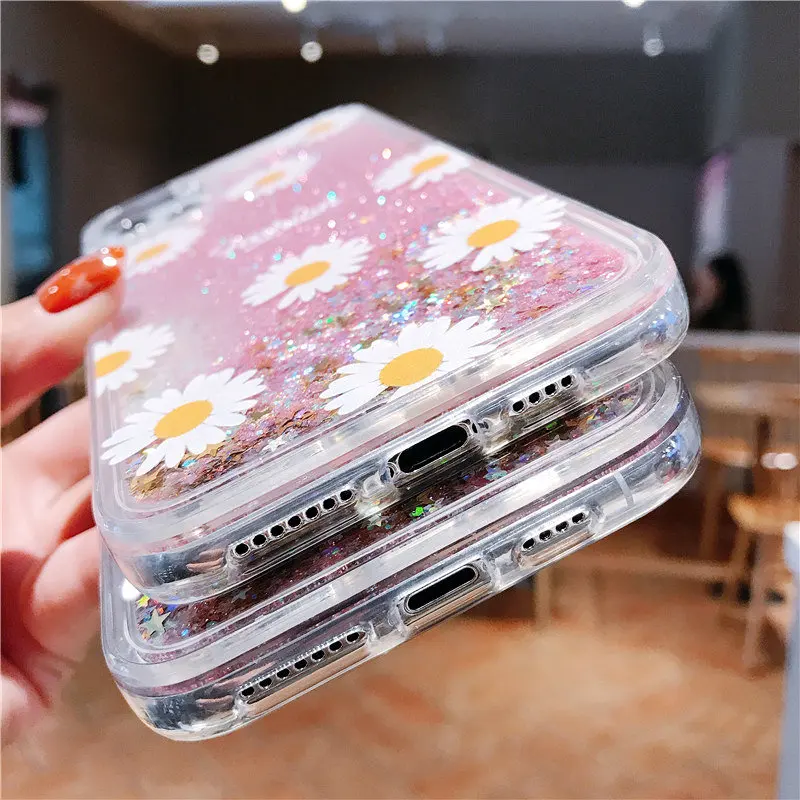 

Cartoon Floral Quicksand Glitters Water Liquid Phone Case For iPhone 12 11 Pro XS MAX 6 6S 7 8 Plus X XS XR Clear Soft Cover