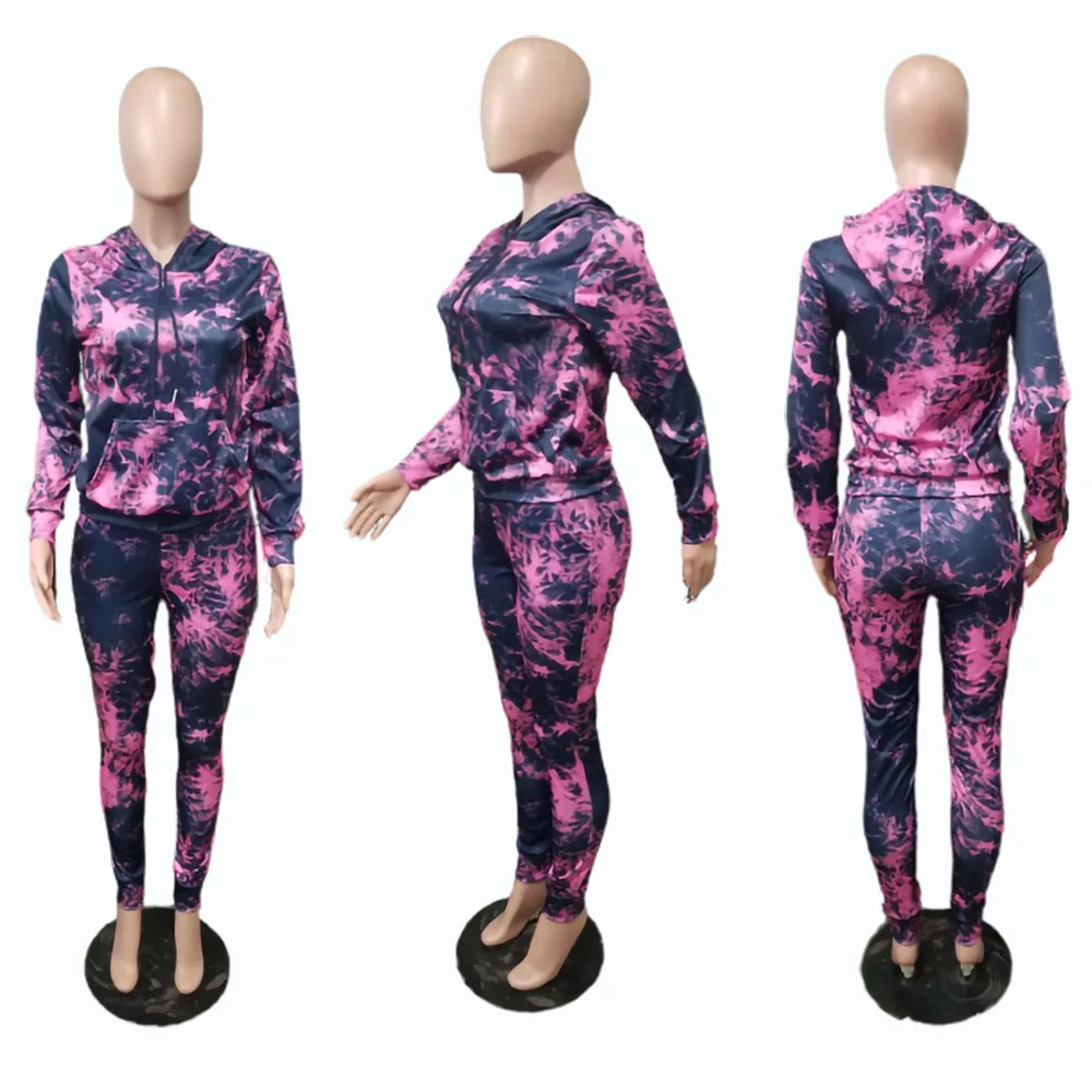

Fall 2020 new fashion tie dye print sport 2-piece slim fit o-neck long sleeve T-shirt and pants women's set