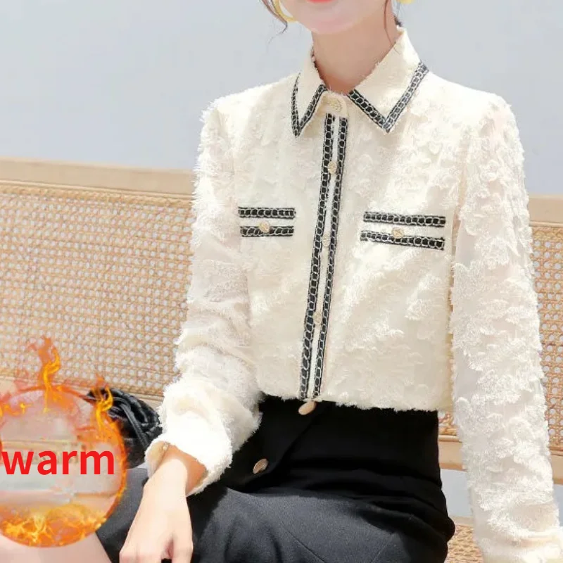 

Women Winter Warm Lace Fleece Blouse Ladies Sweet Tops