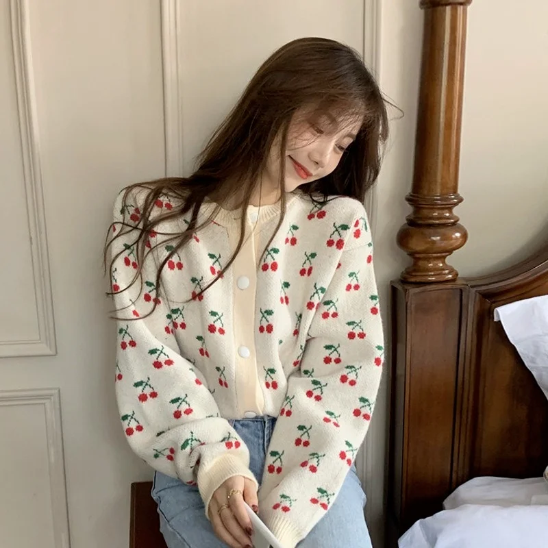 Harajpoo Women Cardigan Japanese Lazy Style Cherry Jacquard Sweater Spring Fall 2021 New Korean Loose Outer Knit Casual Tops |