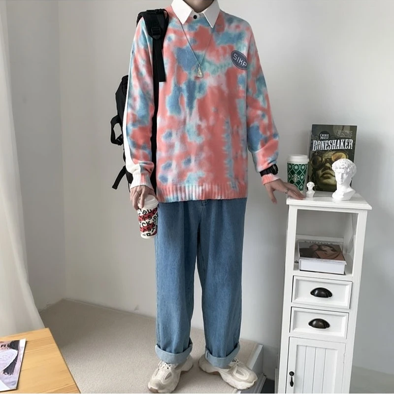 

Tie-dye Pullovers Harajuku Designer O-neck Ins Couple Outwear Sweaters Stylish Leisure Couple Loose Young College Students Chic