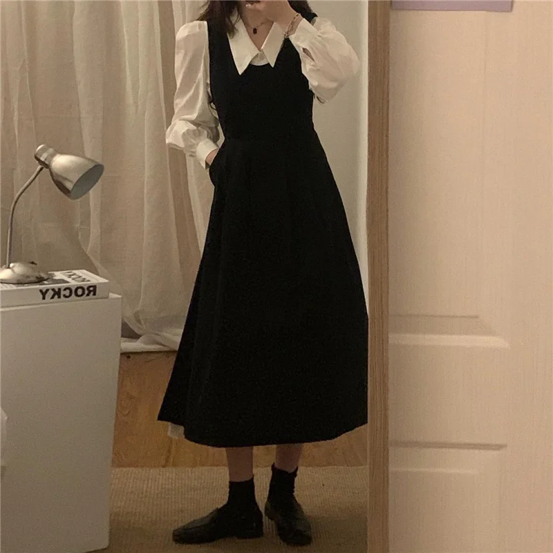 

Shirt Suspender Skirt Outfit Women's Autumn and Winter Fashion All-matching Puff Sleeve Shirt Small High Waist Slimming Dress