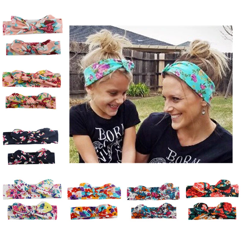 

2Pcs/Set Mom & Baby Headbands Mother Baby Turban Mom Daughter Rabbit Ears Hairband Floral Print Parent-Child Hair Accessories