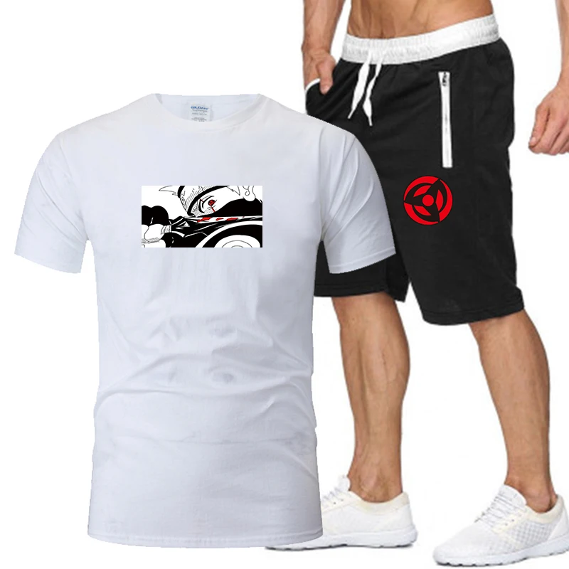 

2021 new men's casual sportswear two piece fitness suit short sleeve T-shirt + shorts fire shadow Kakashi print
