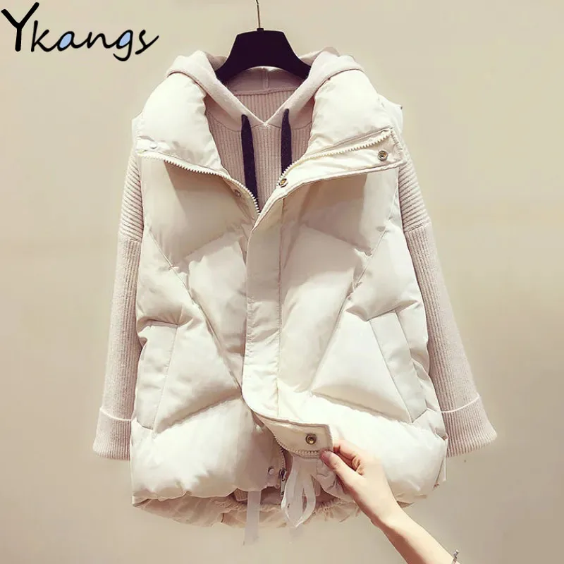 

Casual Korean Harajuku Thick Parka Vest Women Loose Slim Winter Warm Sleeveless Jacket High Street Solid Pocket Vest Coat Female