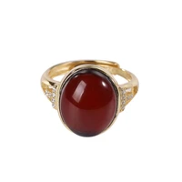 s925 sterling silver gold plated natural amber blood amber ring simple temperament ellipse egg noodles ladies ring