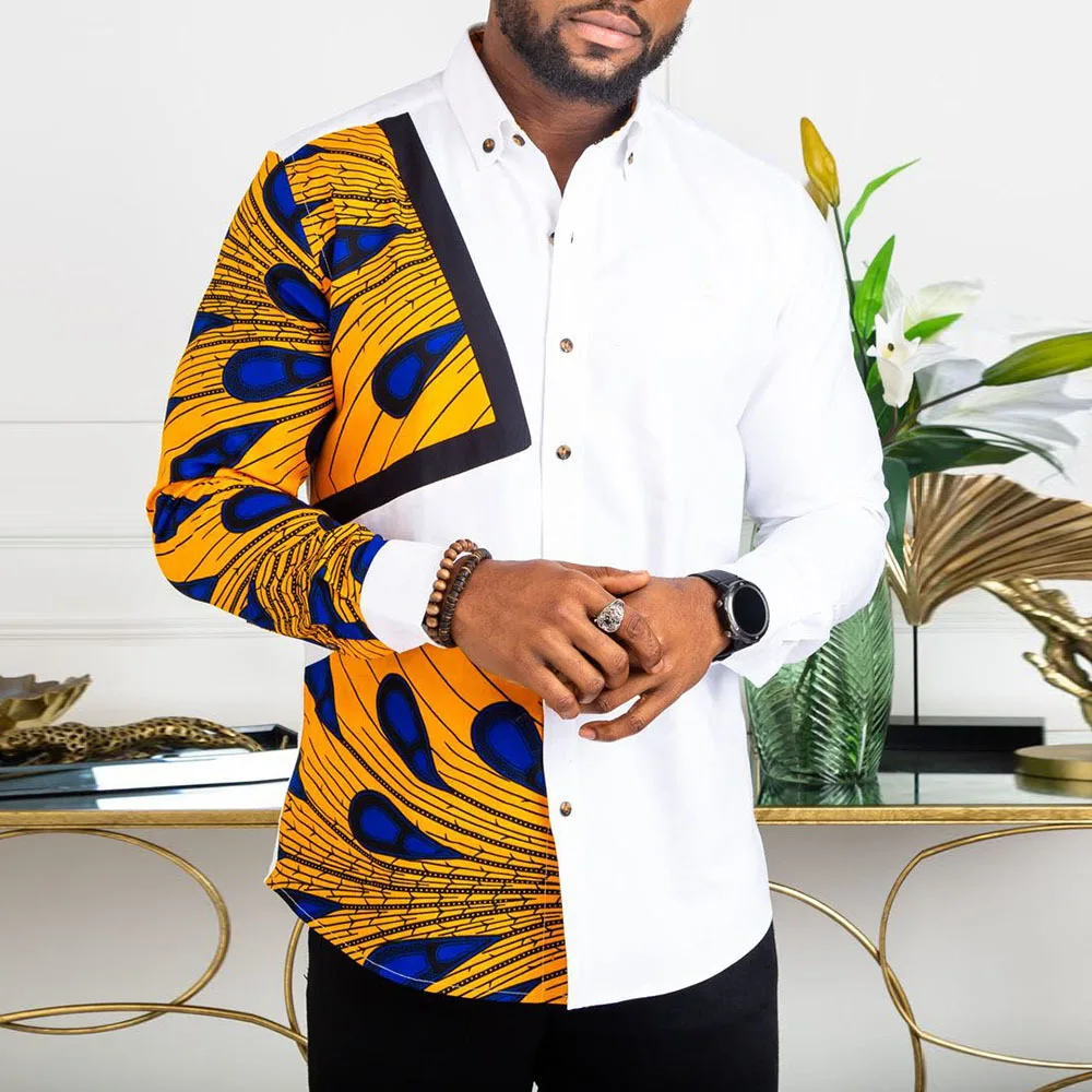 

Men's White Long Sleeve Shirt Color Matching African Ethnic Style Print Male Autumn Spring Tops For Man Casual Blouse Streetwear