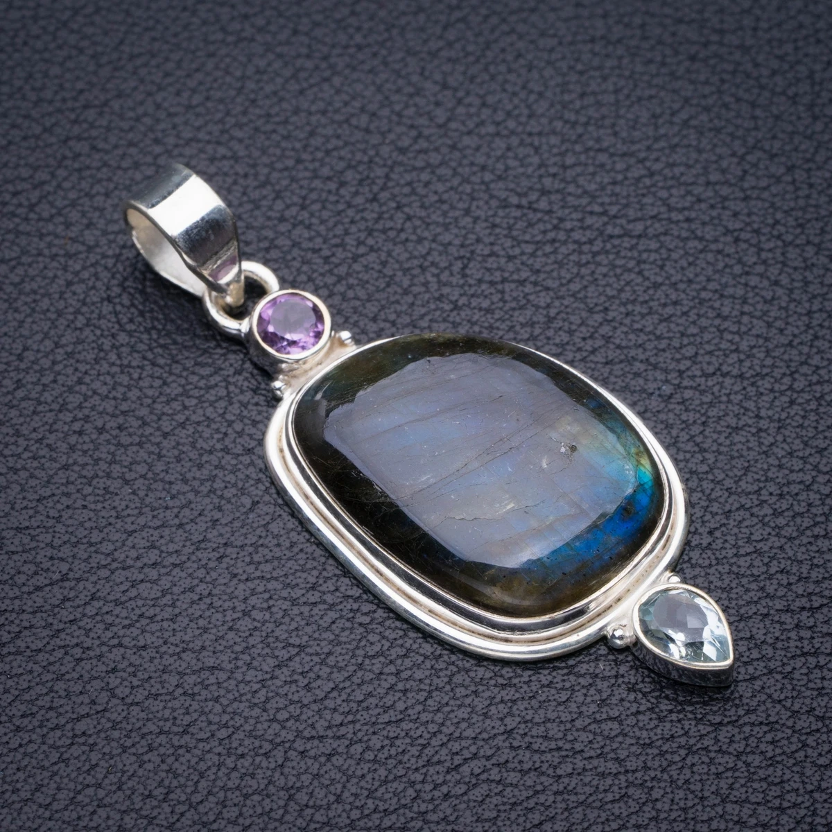 

StarGems Natural Blue Fire Labradorite,Blue Topaz And Amethyst Handmade 925 Sterling Silver Pendant 2" D5378