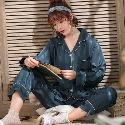 Весенняя полосатая пара пижамный комплект для женщин ледяная Шелковая пижама с