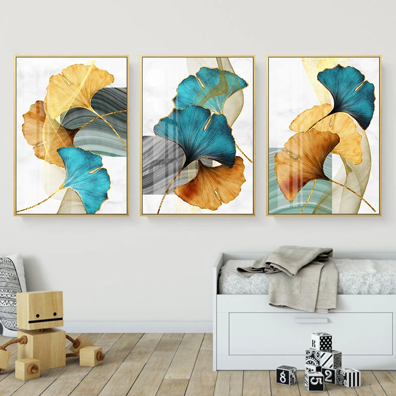 

Blue green golden yellow plant leaves abstract poster diamond painting wall art painting modern rhinestone embroidery picture l