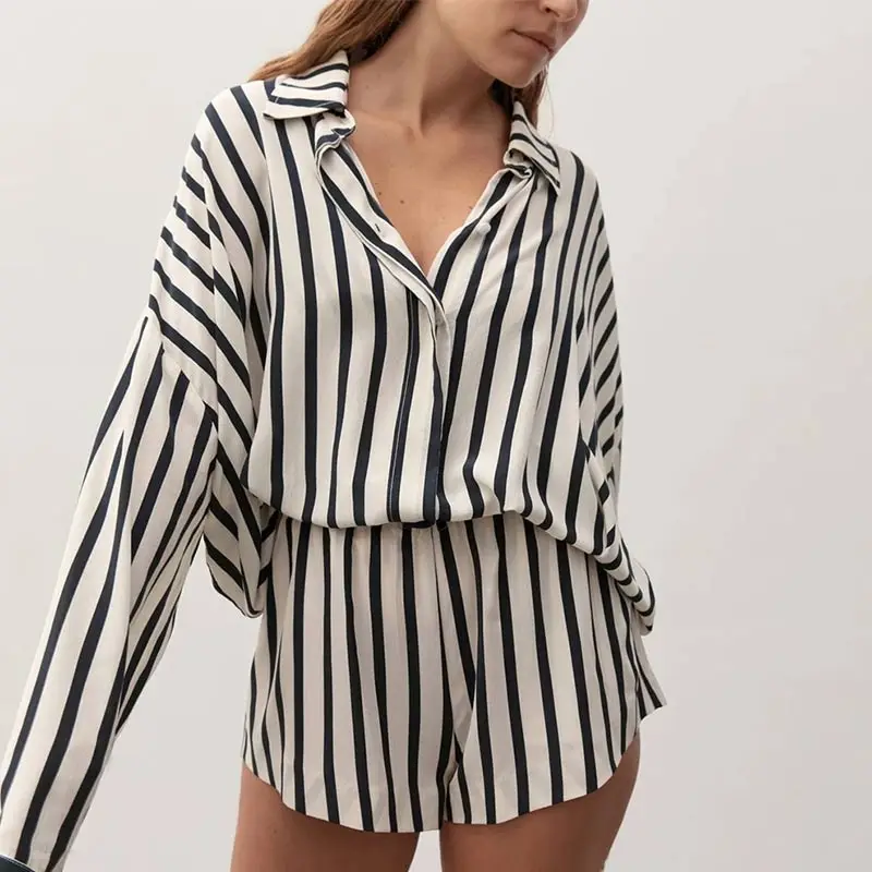 

Women Shorts Sets Casual Loung Wear Tracksuits Stripe Long Sleeve Shirt Tops And Loose High Waisted Mini Shorts Two Piece Set