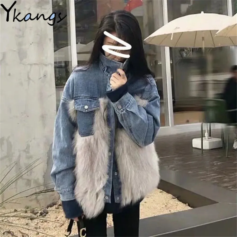 

Женская куртка-бомбер из искусственного меха, утепленная короткая джинсовая куртка в стиле Харадзюку, готический стиль, Осень-зима 2021