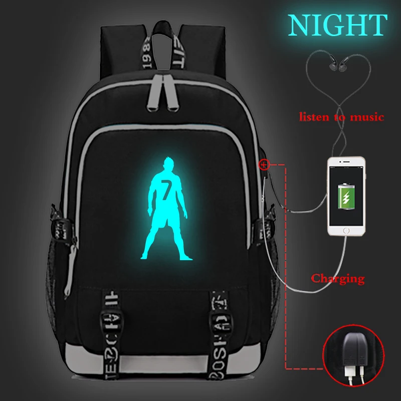 

Cristiana Ronaldo CR7 USB Charging Backpack Luminous USB Design Backpack Knapsack Laptop Backpack Luminous Bag College Backpack