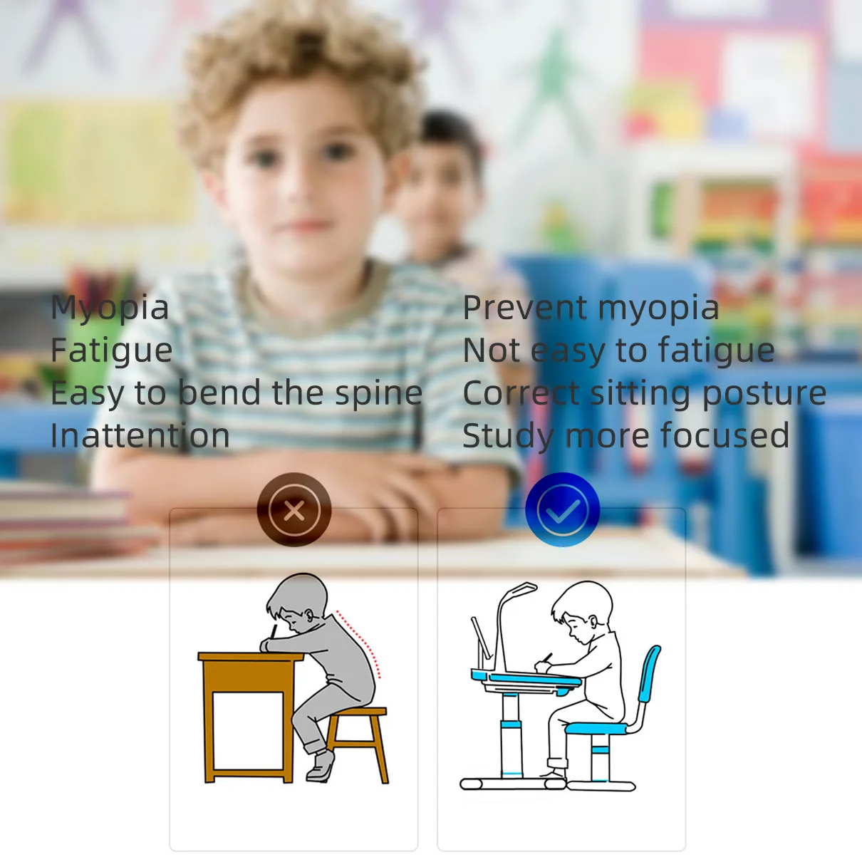 Children's desk and chair set with Tilt Desktop LED Light Drawer for kids Functional kid's study writing table |