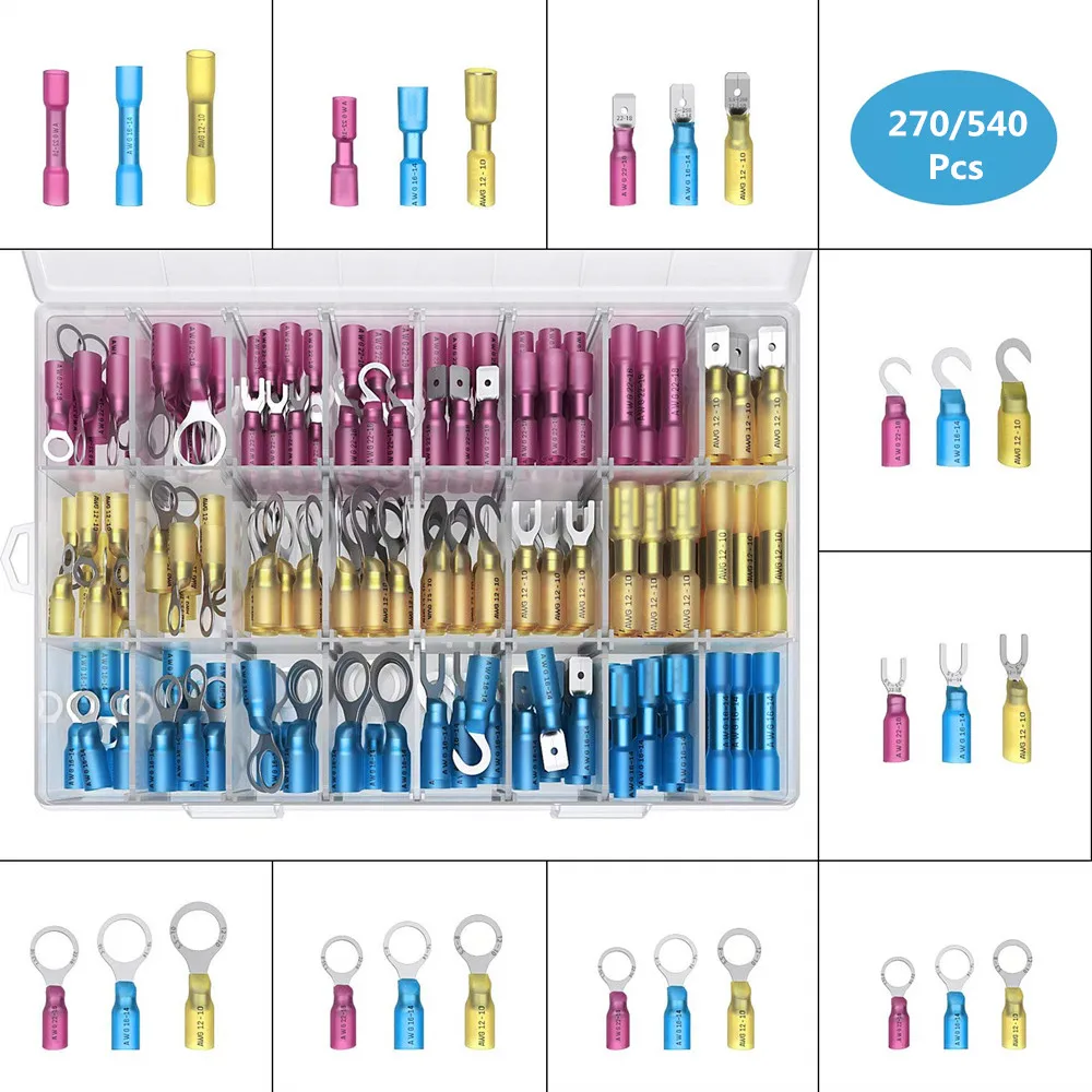 

270 PCS Heat Shrink Wire Connector Kit Electrical Insulated Crimp Ring Butt Spade Waterproof Marine Automotive Terminals