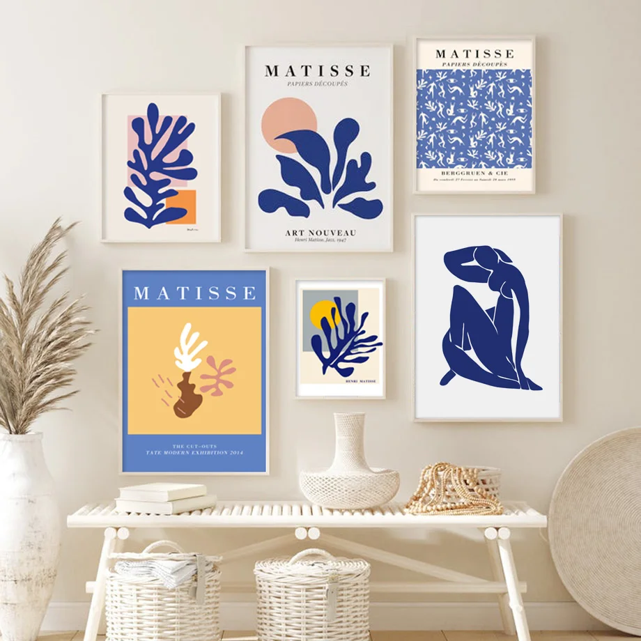 

Abstract Matisse Poster Blue Leaf Flower Coral Body Art Painting On The Wall Canvas Pictures for Living Room Gallery Office