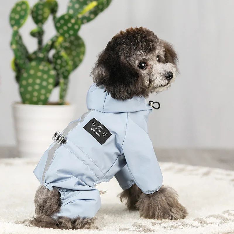 Pet Four Legged Cat Rain Coat Teddy Clothes Hooded Cap Rain Proof Breathable Stormsuit Fabric All Season