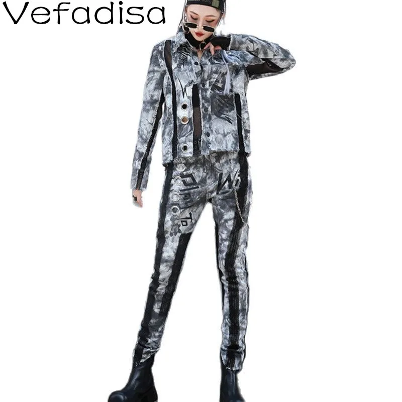 

Vefadisa Personalized Tie Dyed Denim Set Women 2021 Autumn Streetwear Mesh Patchwork Denim Coat + Pencil Pants Gray QYF6477