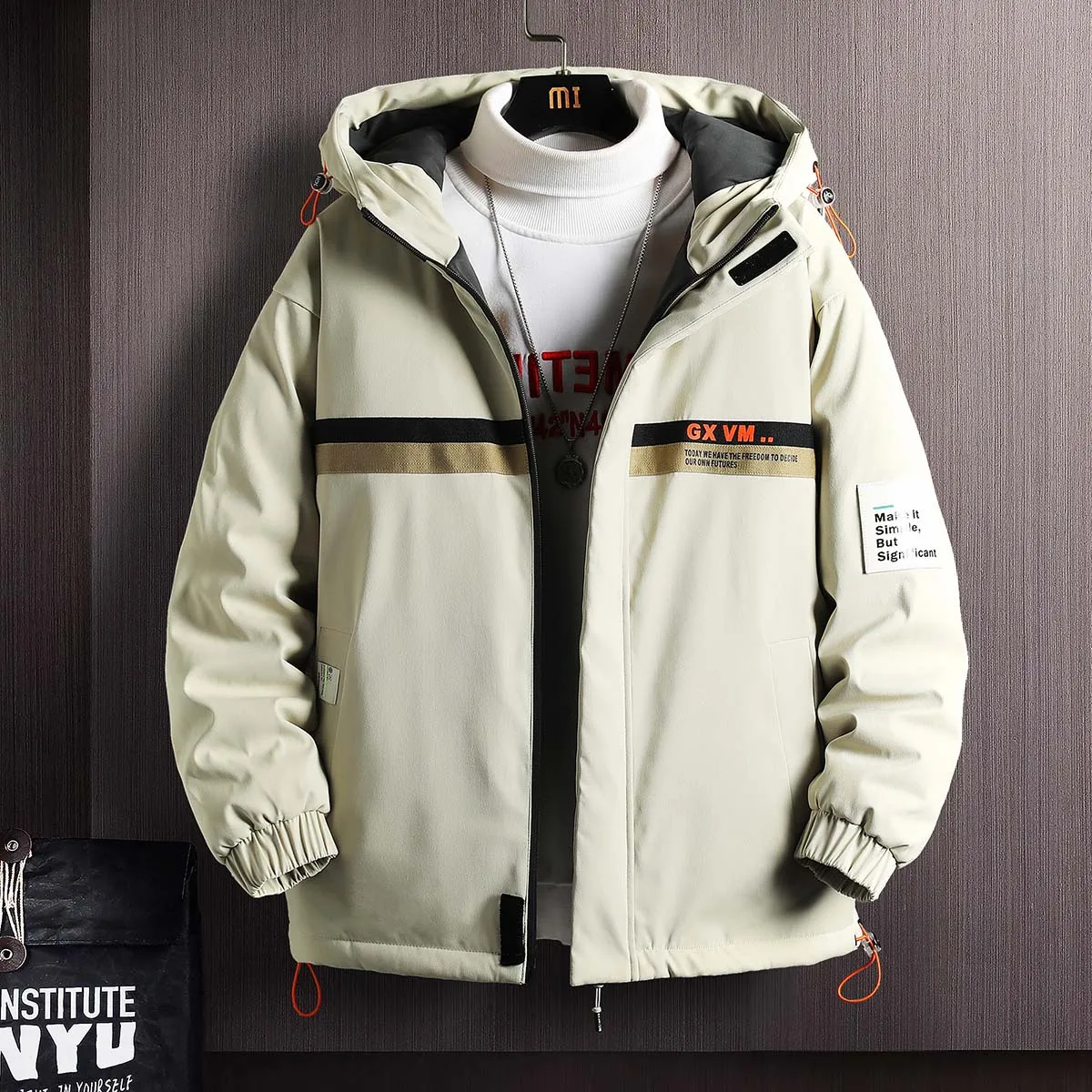 Hooded Warm Jacket Men 2021 Winter Fleece Windbreaker Patchwork Zipper Coat Japanese Streetwear Harajuku Grey Jackets