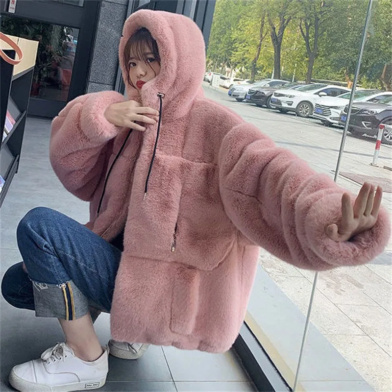 New Imitation Fur Coat Female Rex Rabbit Fur Grass Hooded Plush Coat Loose Warm Fashion Winter Women Jacket High Quality Outwear